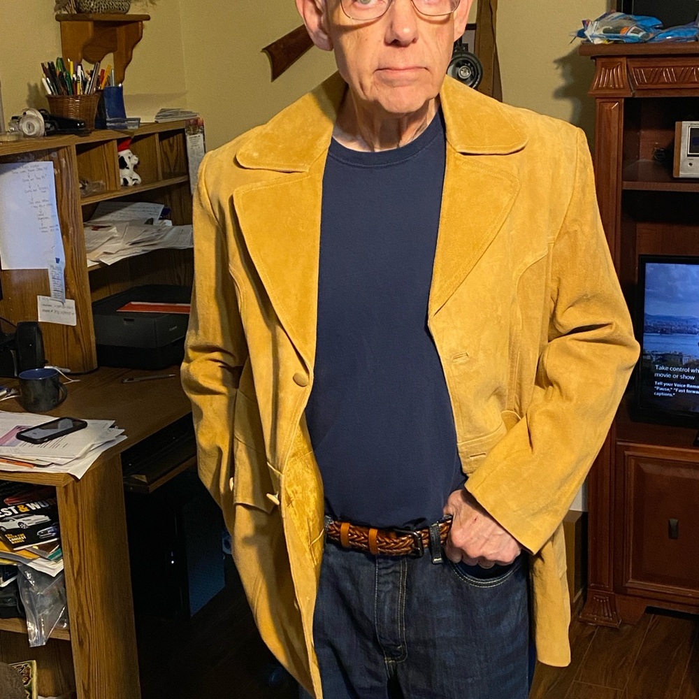 Handmade in Kashmir, suede leather jacket, tan.